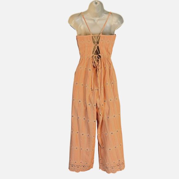 L*Space Ciara Boho Jumpsuit Peach Eyelet Sleeveless Lace Up Back V-Neck Small - Picture 6 of 8